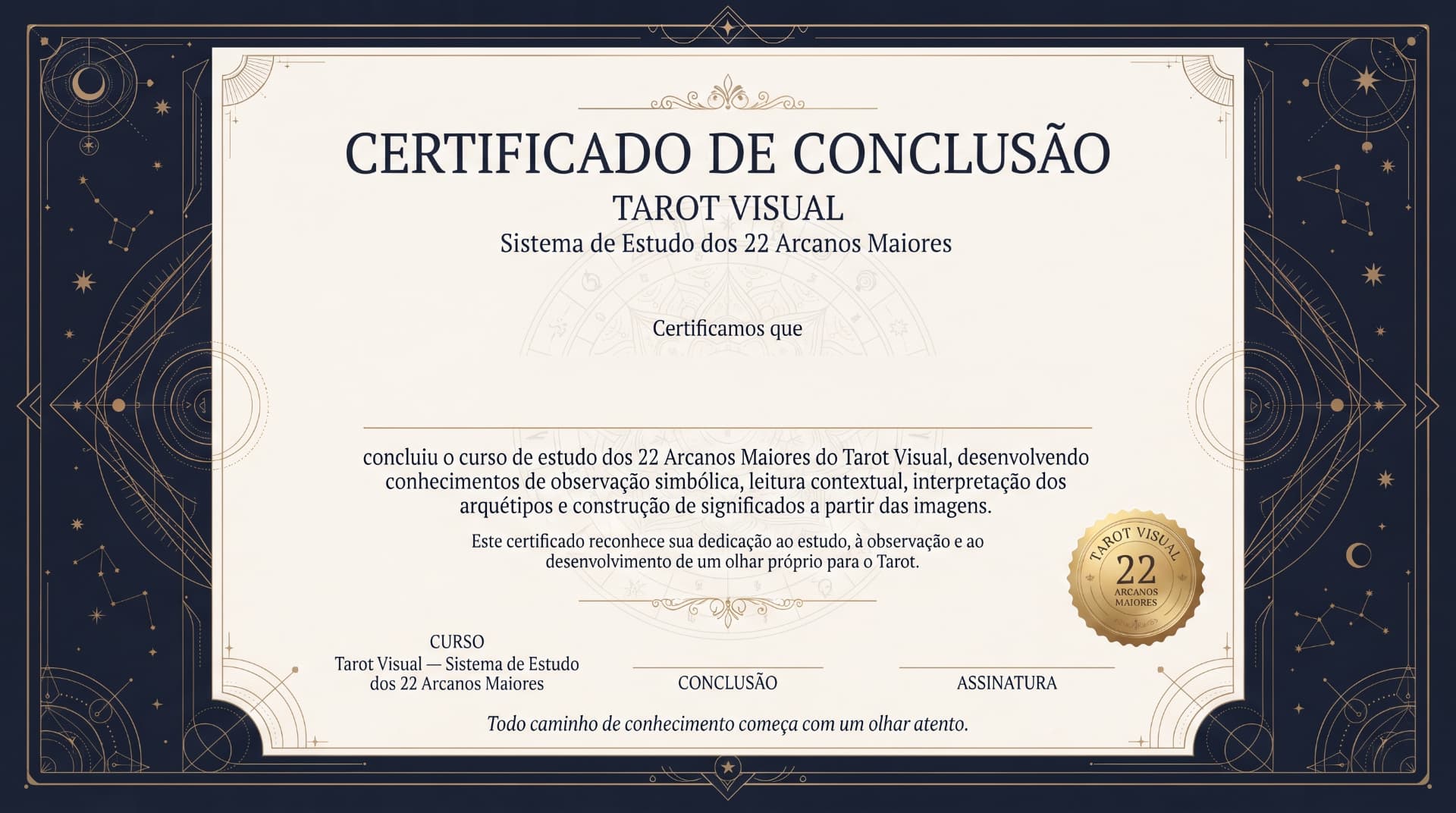 Certificado de conclusão do Tarot Visual — Sistema de Estudo dos 22 Arcanos Maiores
